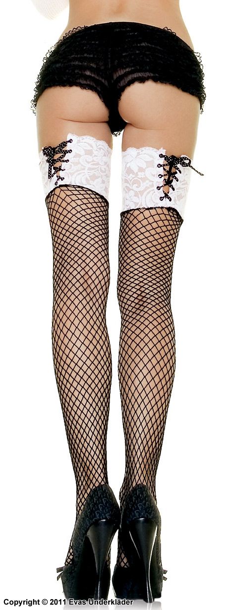 Thigh high stockings with corseted lace top in fishnet